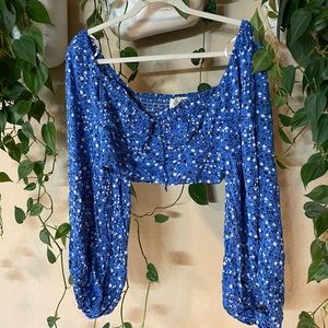Blue Floral Long Sleeve Crop